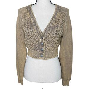 Miss Love Cabled Cropped Cardigan Washed Tan/Lavender Size S Cottagecore, Y2K